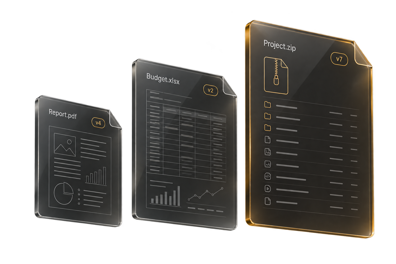 Illustration of a PDF document, a spreadsheet and an archive, each with its own version number